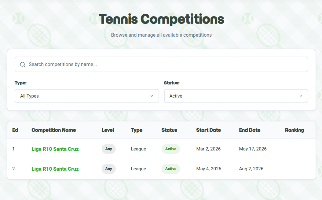 Competitions list screen preview